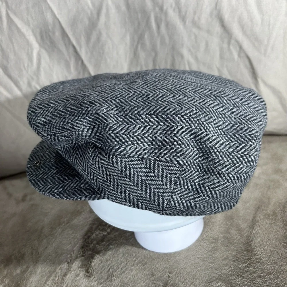 Men's Classic Grey Herringbone Flat Cap - Wool Blend Newsboy Hat - Size M